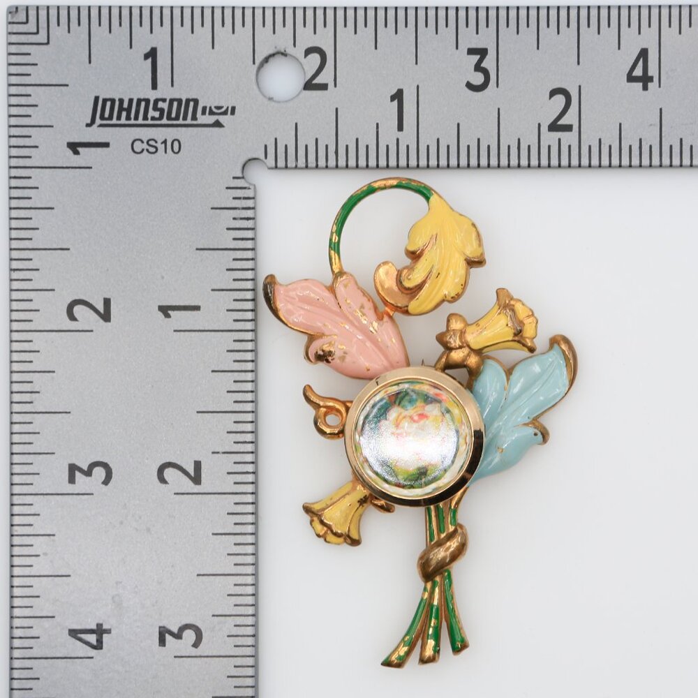 Vintage Enamel Pastel Flower Bouquet Watch Holder Brooch 1940s - Picture 3 of 3